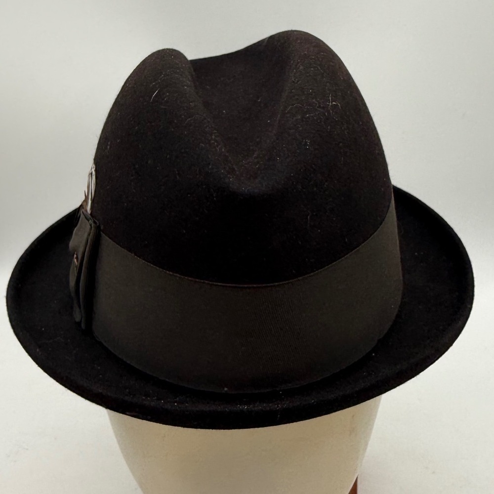 Champ Vintage Black Kasmir Finish Felt Fedora Hat Feather Crown Pin Size 6 7/8